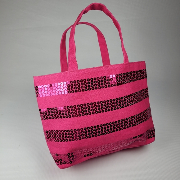 NWT Victoria's Secret Small Petite Sequin Pink Striped Canvas Shimmery Tote Bag - Picture 6 of 10